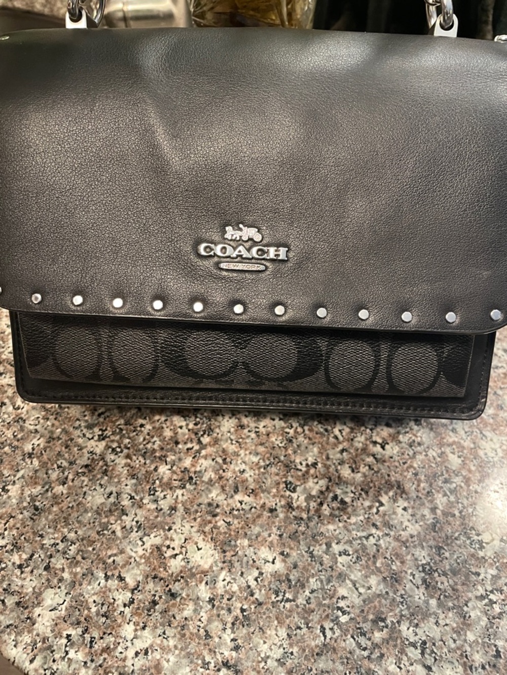 Coach Black Leather & Signature Canvas Chain Shoulder Bag with Silver Studs